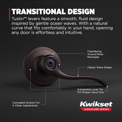 Kwikset Tustin Interior Privacy Door Handle with Lock, Metal, Door Lever For Bathroom and Bedroom, Venetian Bronze Reversible Keyless Turn Lock, with Microban Protection