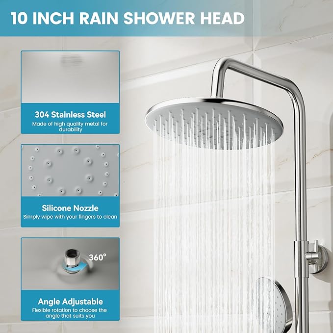 Hurran Shower System with 10 Inch Rain Shower Head and Handheld Sprayer, 3-Function Wall Mounted Bathroom Shower Faucet Set Height Adjustable Holder, Shower Trim Kit Valve Included, Brushed Nickel