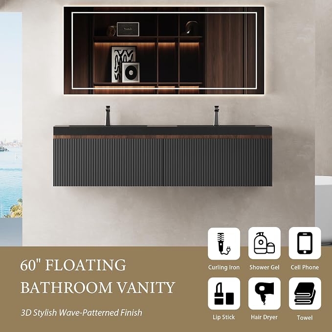 60" Floating Bathroom Vanity with Double Sink, Wall-Mounted Smoked Walnut Storage Cabinet, Wave-Textured Soft-Close Drawer & Matte Black Quartz Sand Basin