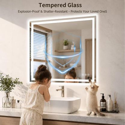 24"x24" LED Bathroom Mirror with Lights, Anti-Fog, Backlit+Frontlit | CRI 95, Stepless Dimmable, 3 Colors Lighting, Shatterproof Tempered Glass, HD Reflection, Memory, (Horizontal/Vertical)