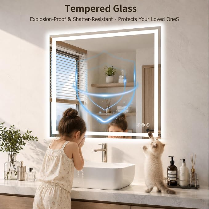 28"x28" LED Bathroom Mirror with Lights, Anti-Fog, Backlit+Frontlit | CRI 95, Stepless Dimmable, 3 Colors Lighting, Shatterproof Tempered Glass, HD Reflection, Memory, (Horizontal/Vertical)