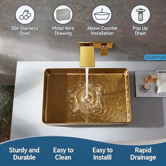 Brushed Gold Bathroom Vessel Sink: 20"x14" Rectangular Vanity Washbasin | Modern Above Counter Sinks with Stainless Stee PVD Coating Pop Up Drain for Home Hotel Office Toilet Renovation Decoration