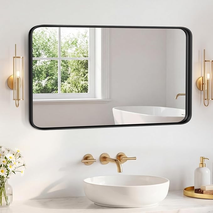 Sweetcrispy Bathroom Mirror 48x30 Inch, Vanity Mirror for Wall | Metal Framed Rounded Rectangle, Over Sink, Farmhouse Restroom, Anti-Rust, Horizontal or Vertical Hanging, Black
