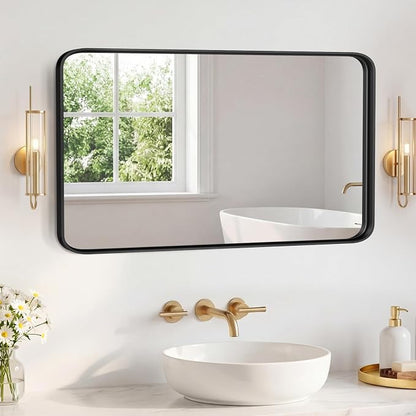 Sweetcrispy Bathroom Mirror 48x30 Inch, Vanity Mirror for Wall | Metal Framed Rounded Rectangle, Over Sink, Farmhouse Restroom, Anti-Rust, Horizontal or Vertical Hanging, Black
