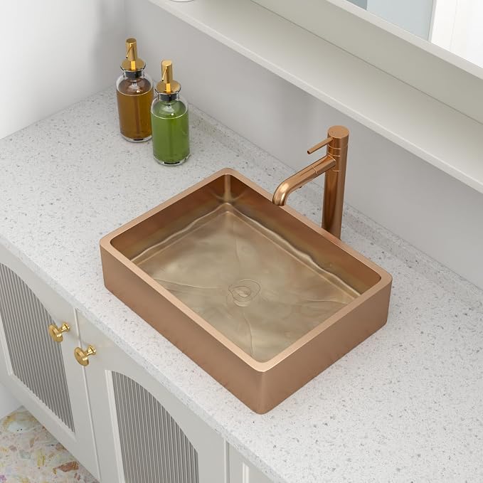 Logmey 16" Rose Gold Shallow Bathroom Vessel Sink 16x12 Handmade 16 Gauge Stainless Steel Above Counter Rectangle RV Bathroom Sinks with Pop up Drain Set
