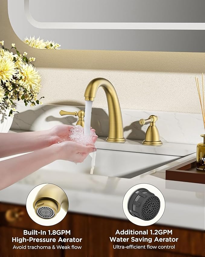 FORIOUS Brushed Gold Faucet for Bathroom Sink 3 Hole, 8 Inch Widespread Bathroom Faucet with Pop Up Drain and Water Hose Supply, 2 Lever Handles Design, for Commercial Vanity RV Lavatory Camper Sink