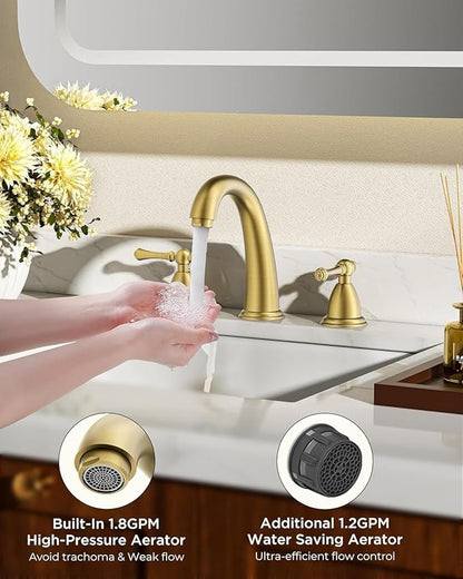 FORIOUS Brushed Gold Faucet for Bathroom Sink 3 Hole, 8 Inch Widespread Bathroom Faucet with Pop Up Drain and Water Hose Supply, 2 Lever Handles Design, for Commercial Vanity RV Lavatory Camper Sink