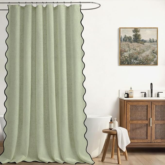 Scalloped Shower Curtain Linen Boho Flax Green 72" W x 84" L | Linen Fabric, Black Border, Washable, Heavy Duty Cloth, Shower Curtain for Boho Farmhouse Bathroom Bathtub