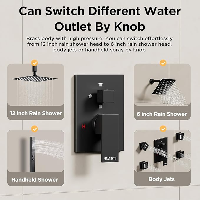 Shower System with Body Jets Matte Black, STARBATH 4 Way 12+6" Shower Faucet Sets Complete with 2 in 1 Handheld,Ceiling Mounted Rainfall Dual Shower Head with 4 Body Spray Jets, Shower Jets System