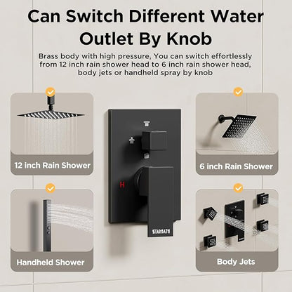 Shower System with Body Jets Matte Black, STARBATH 4 Way 12+6" Shower Faucet Sets Complete with 2 in 1 Handheld,Ceiling Mounted Rainfall Dual Shower Head with 4 Body Spray Jets, Shower Jets System