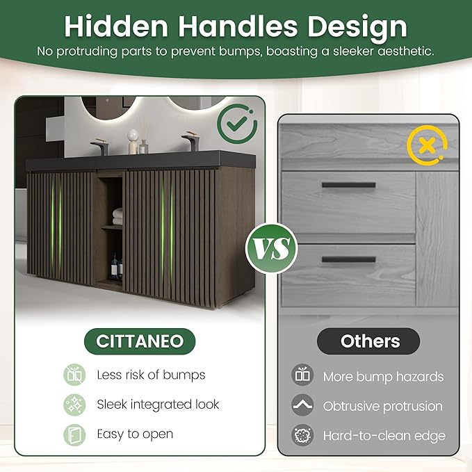 60" Bathroom Vanity with Double Sink, Freestanding Double Sink Bathroom Vanity with Black Engineered Stone Top, Open Storage Cabinet & Adjustable Shelf, 4 Soft-Closing Doors, Smoked Oak Brown