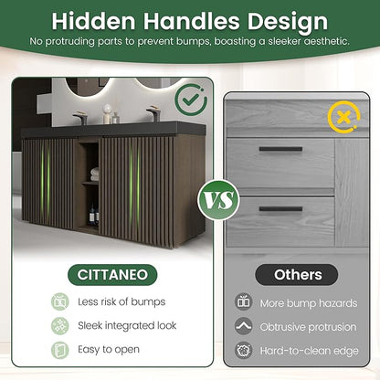 60" Bathroom Vanity with Double Sink, Freestanding Double Sink Bathroom Vanity with Black Engineered Stone Top, Open Storage Cabinet & Adjustable Shelf, 4 Soft-Closing Doors, Smoked Oak Brown