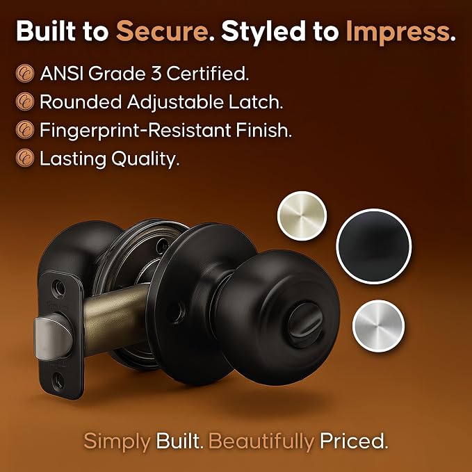 Copper Creek Colonial Privacy Interior Door Knob – ANSI Grade-3 Certified, Modern Heavy Duty Handle, Easy Install and Reversible for Bedroom, Bathroom and Closets – Matte Black (6 Pack)