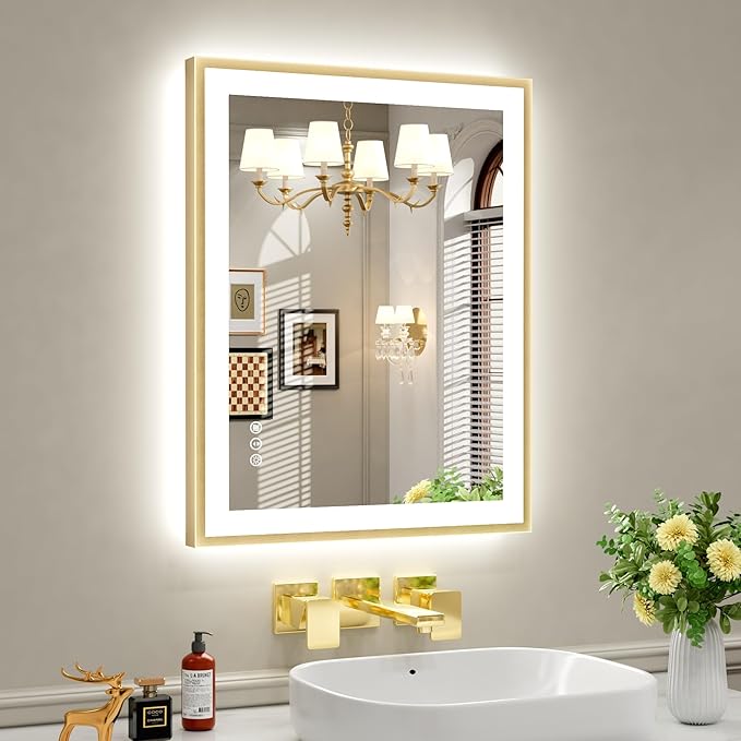 24x30 Inch LED Bathroom Mirror with Gold Frame | Gold Metal Frame, Front and Backlit, 3 Colors, Dimmable, Memory, Anti Fog, Tempered Glass, Lighted Mirror for Wall