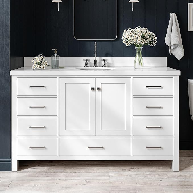 ARIEL Cambridge 60-inch Bathroom Vanity with Sink,Solid Wood, 1.5-inch Pure White Quartz Countertop & Backsplash, Single Oval Porcelain Sink, 2 Soft Closing Doors, 9 Dovetail Drawers, White