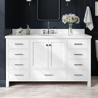 ARIEL Cambridge 60-inch Bathroom Vanity with Sink,Solid Wood, 1.5-inch Pure White Quartz Countertop & Backsplash, Single Oval Porcelain Sink, 2 Soft Closing Doors, 9 Dovetail Drawers, White