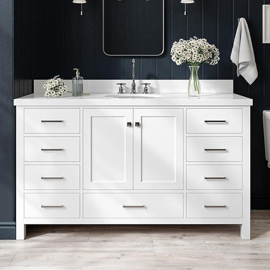 ARIEL Cambridge 60-inch Bathroom Vanity with Sink,Solid Wood, 1.5-inch Pure White Quartz Countertop & Backsplash, Single Oval Porcelain Sink, 2 Soft Closing Doors, 9 Dovetail Drawers, White