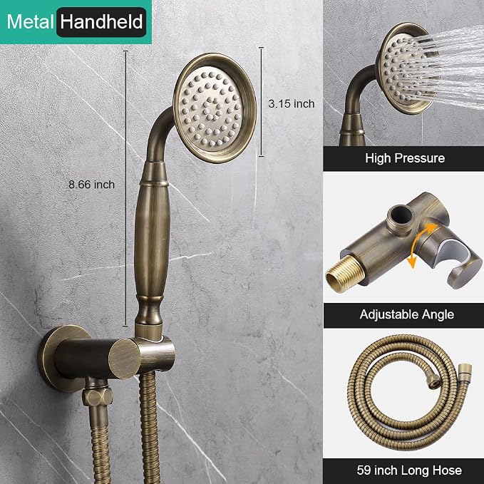 Vintage Faucet Shower System with Handheld Spray | Antique Brass Finish, Multi-layer Plating, 9 inch Rain Shower Head, 2 Way Diverter Brass Valve, Wall Mount Easy Install