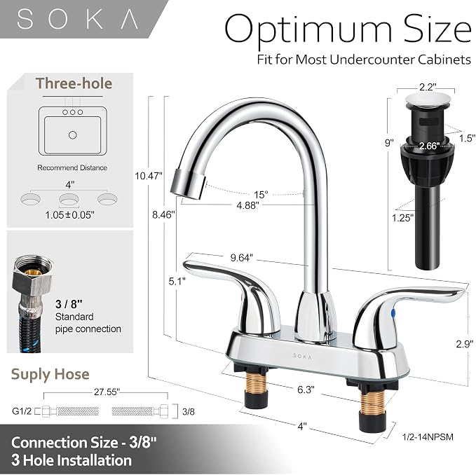 SOKA Two Handles Centerset Bathroom Faucet for Sink High Arc Stainless Steel with Deck Plate & Pop-Up Drain Assembly Fit 3 Hole Installation, Chrome (SK18001C)