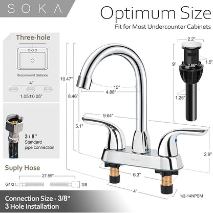 SOKA Two Handles Centerset Bathroom Faucet for Sink High Arc Stainless Steel with Deck Plate & Pop-Up Drain Assembly Fit 3 Hole Installation, Chrome (SK18001C)