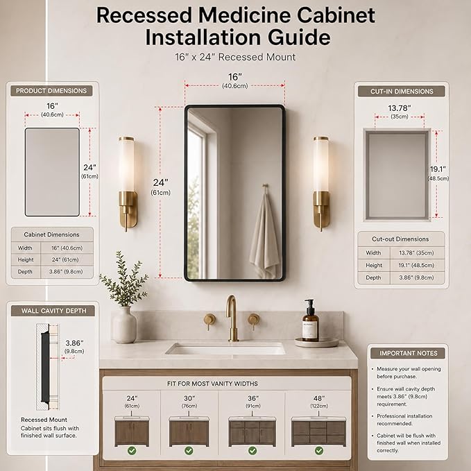 16x24 Medicine Cabinet with Mirror, Black Metal, Recessed or Surface Mount | 3 adjustable metal shelves, soft-close reversible door, 95% assembled; cutout 13.78"W x 19.1"H x 3.86"D