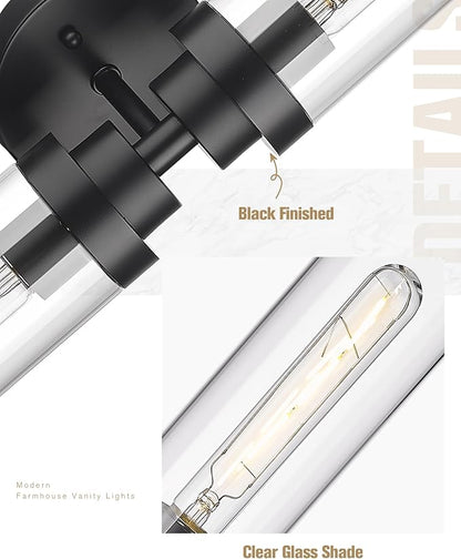 Emak 2 Light Black Vanity Lights for Bathroom,22 Inch Bathroom Light Fixtures Modern Wall Sconces with Clear Glass Shade for Bath, Bedroom, Hallway, VL085-BK-2