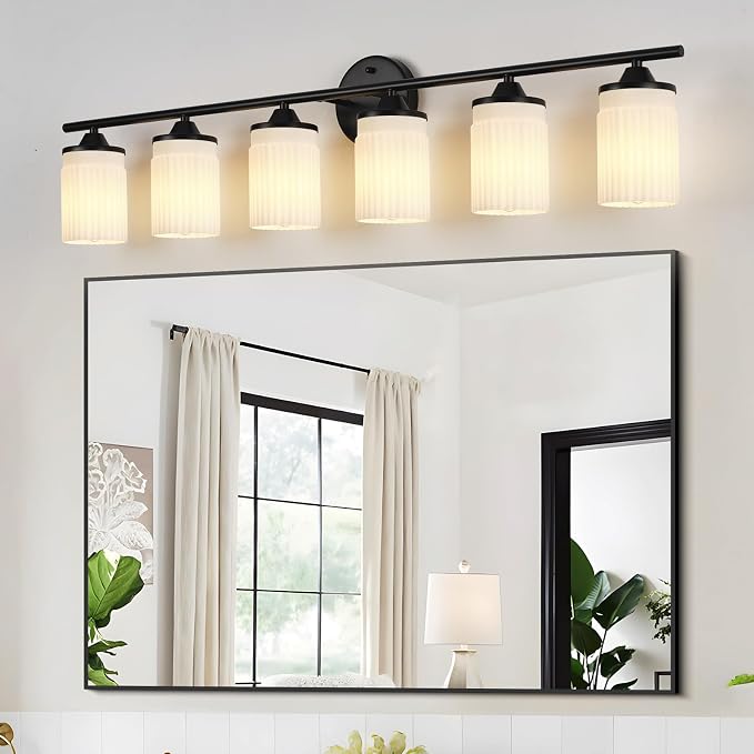 Jonsi Black Bathroom Light Fixtures 6-Light Vanity Lights Modern Wall Sconce with Milk White Shade Brushed Brass Bathroom Light Fixture Over Mirror for Bedroom Hallway Kitchen