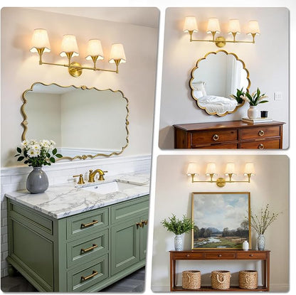 Gold Bathroom Vanity Light Fixtures: Brushed Gold Vanity Lights Over Mirror with Flared Fabric Shade, Modern Bathroom Lighting Fixtures, 4 Light Wall Sconces Lights for Bedroom Hallway Living Room