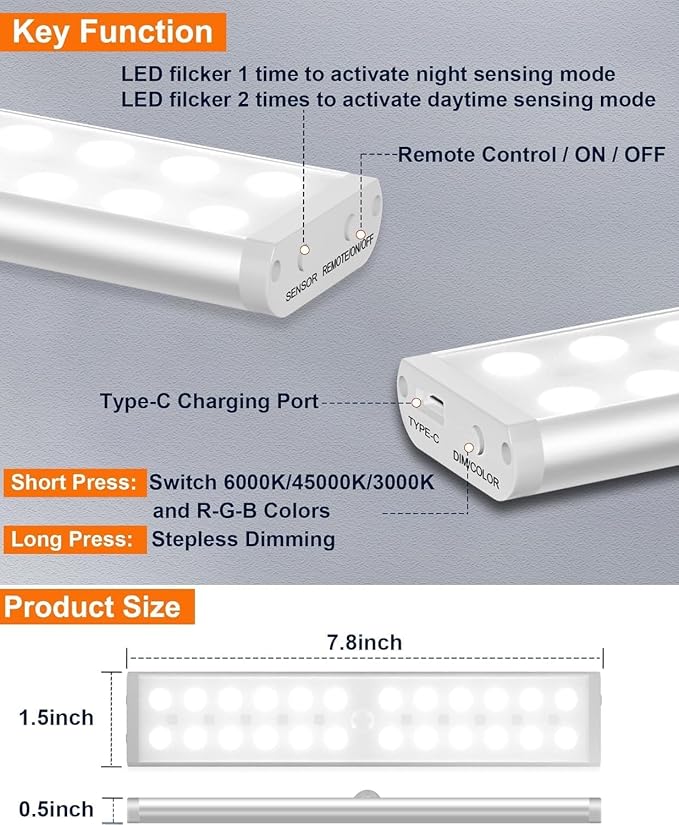 Under Cabinet Lighting Wireless, RGB LED Closet Lights, 4 Pack | 58 LEDs,Rechargeable Motion Sensor Light Indoor, Remote,Dimmable Under Counter Lights, Magnetic Night Lights for Kitchen
