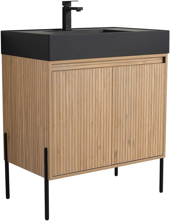 Crownpoint 30 Inch Bathroom Vanity with Sink, Black Sink, Bright Oak Finish, Full Assembly Required, Elegant Bathroom Vanities for Modern Homes