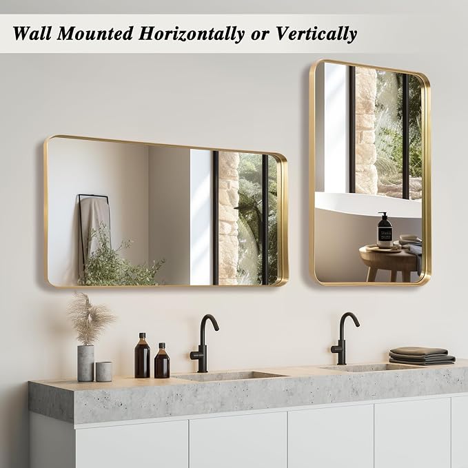 Anpark Wall Mirror 22" x 30" for Bathroom, Gold Metal Deep Frame, Rectangular Round Corner, Mounted Vanity Mirror for Bedroom, Living Room, Entryway Decor