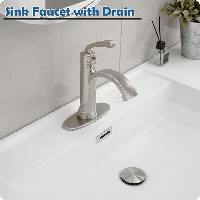 Brass Waterfall Bathroom Faucets Brushed Nickel Single Handle Bathroom Faucet 3 Hole or 1 Hole, 4 Inch Bathroom Sink Faucet, Bathroom Vanity Faucet with Drain Deck Plate No Peeling Paint