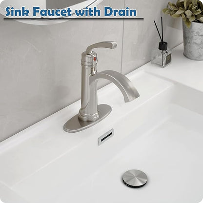 Brass Waterfall Bathroom Faucets Brushed Nickel Single Handle Bathroom Faucet 3 Hole or 1 Hole, 4 Inch Bathroom Sink Faucet, Bathroom Vanity Faucet with Drain Deck Plate No Peeling Paint