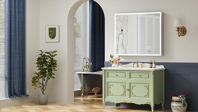 ACEMIRO 30"×32" Lighted Medicine Cabinet Mirror, Recessed Bathroom Mirror Cabinet with Lights, Defogger, Dimmer, Clock, Built-in Outlet & USB Ports, Wall-Mounted LED Bathroom Mirror, Double Door