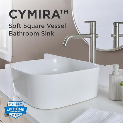 Gerber Cymira 16 in. Soft Square Vessel Bathroom Sink, Above-Counter Glazed White Fireclay Ceramic Vanity Sink, Modern Transitional Basin Sink Bowl, G0013778