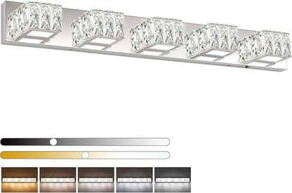 Modern Bathroom Vanity Light - 5 Light LED 5CCT Dimmable Vanity Lighting Fixtures - Crystal Chrome Bathroom Lights Over Mirror