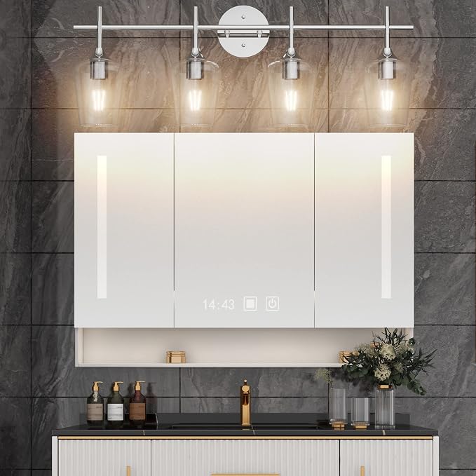 Ralbay Chrome Bathroom Vanity Light - 4 Light Industrial Farmhouse Style, Clear Glass, Over Mirror