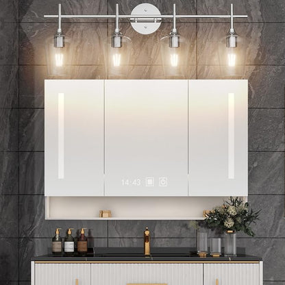 Ralbay Chrome Bathroom Vanity Light - 4 Light Industrial Farmhouse Style, Clear Glass, Over Mirror