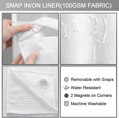 No Hook Shower Curtain with Liner Set Hotel Waffle Curtain White 58W X 75L | Washable Snap in Fabric Liner, Mesh Top Window, Waffle Hotel Style Shower Curtain Set