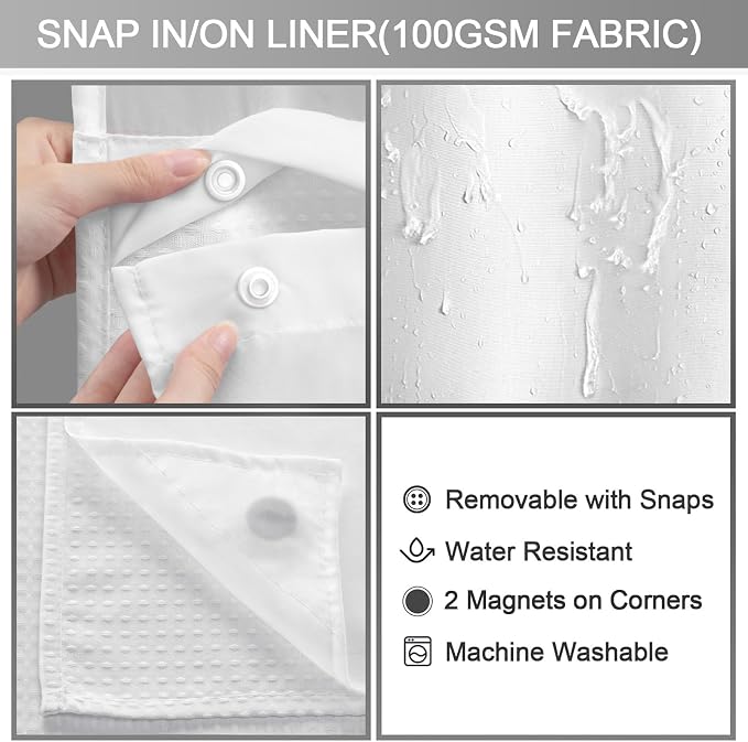 No Hook Shower Curtain with Liner Set Hotel Waffle Curtain White 78W X 75L | Washable Snap in Fabric Liner, Mesh Top Window, Waffle Hotel Style Shower Curtain Set