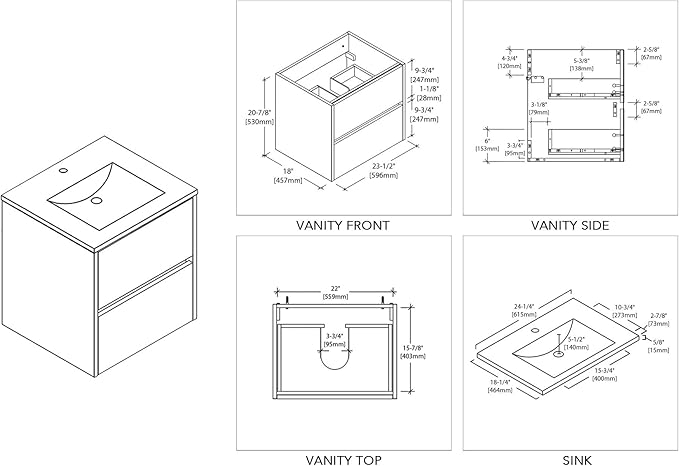 Blossom 24 Inch Bathroom Vanity with Sink - All Wood Floating Vanity Cabinet with Ceramic Sink - 2 Soft-Closing U-Shaped Cutout Drawers - Modern Bathroom Storage Vanities, Silver Grey Finish