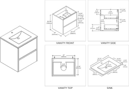 Blossom 24 Inch Bathroom Vanity with Sink - All Wood Floating Vanity Cabinet with Ceramic Sink - 2 Soft-Closing U-Shaped Cutout Drawers - Modern Bathroom Storage Vanities, Silver Grey Finish