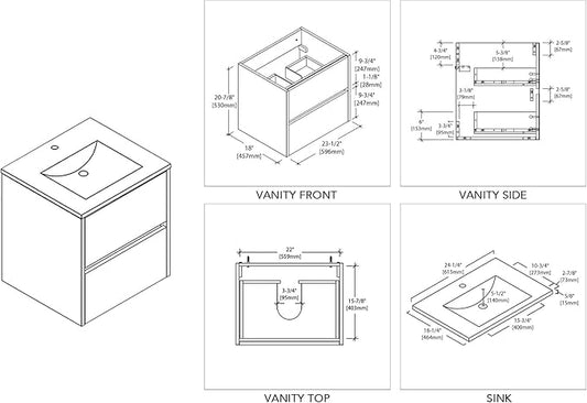 Blossom 24 Inch Bathroom Vanity with Sink - All Wood Floating Vanity Cabinet with Ceramic Sink - 2 Soft-Closing U-Shaped Cutout Drawers - Modern Bathroom Storage Vanities, Silver Grey Finish