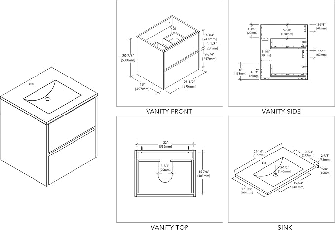 Blossom 24" Modern Bathroom Vanity and Sink Combo - Zero MDF Marine Grade Plywood Wall Mount Vanity - Preassembled Small Space Bathroom Storage, Glossy White Floating Sink Cabinet