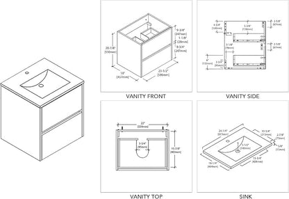 Blossom 24" Modern Bathroom Vanity and Sink Combo - Zero MDF Marine Grade Plywood Wall Mount Vanity - Preassembled Small Space Bathroom Storage, Glossy White Floating Sink Cabinet