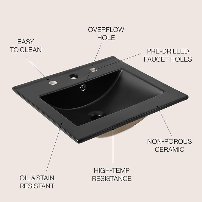 JONATHAN Y SNK1000B Ancillary 3-Hole 20 in. W x 18.25 in. D Classic Contemporary Rectangular Ceramic Single Sink Basin Vanity Top, Black