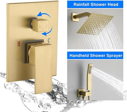 JOYWELL Shower Faucet Brushed Gold Shower System 8 Inches Rain Shower and Handheld Shower Combo,2-Function Pressure Balance Shower Fixtures,Included Shower Trim Kit