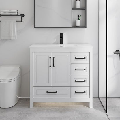 LUCKWIND 36" Bathroom Vanity and Sink Combos, Modern Bathroom Storage Painted Cabinet with Undercounter Resin Single Sink Top, Matte Black Faucet and 5 Drawers, Mirror Not Included, White