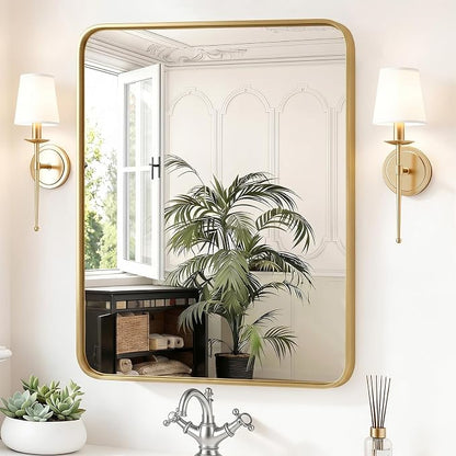 Sweetcrispy Bathroom Wall Mirror, 36x30 Inch Mirror for Over Sink, Gold | Modern Wall Mount Vanity Mirror, Rounded Rectangle with Matte Brush Metal Framed, for Home Decor, Living Room, Bedroom