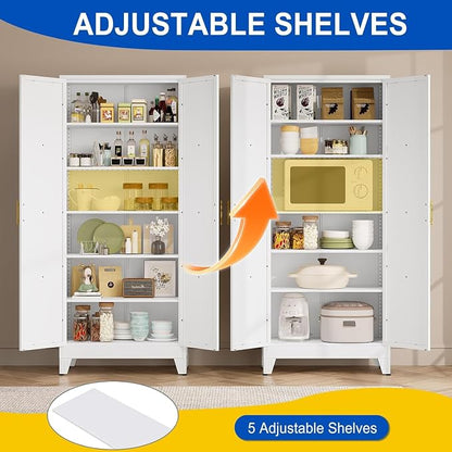 75" Metal Storage Cabinet with 2 Doors and 5 Adjustable Shelves,White Farmhouse Kitchen Pantry Cabinet,Steel Garage Tool Cabinet,File Cabinetfor Home,Office,Dinning Living Room,Warehouse